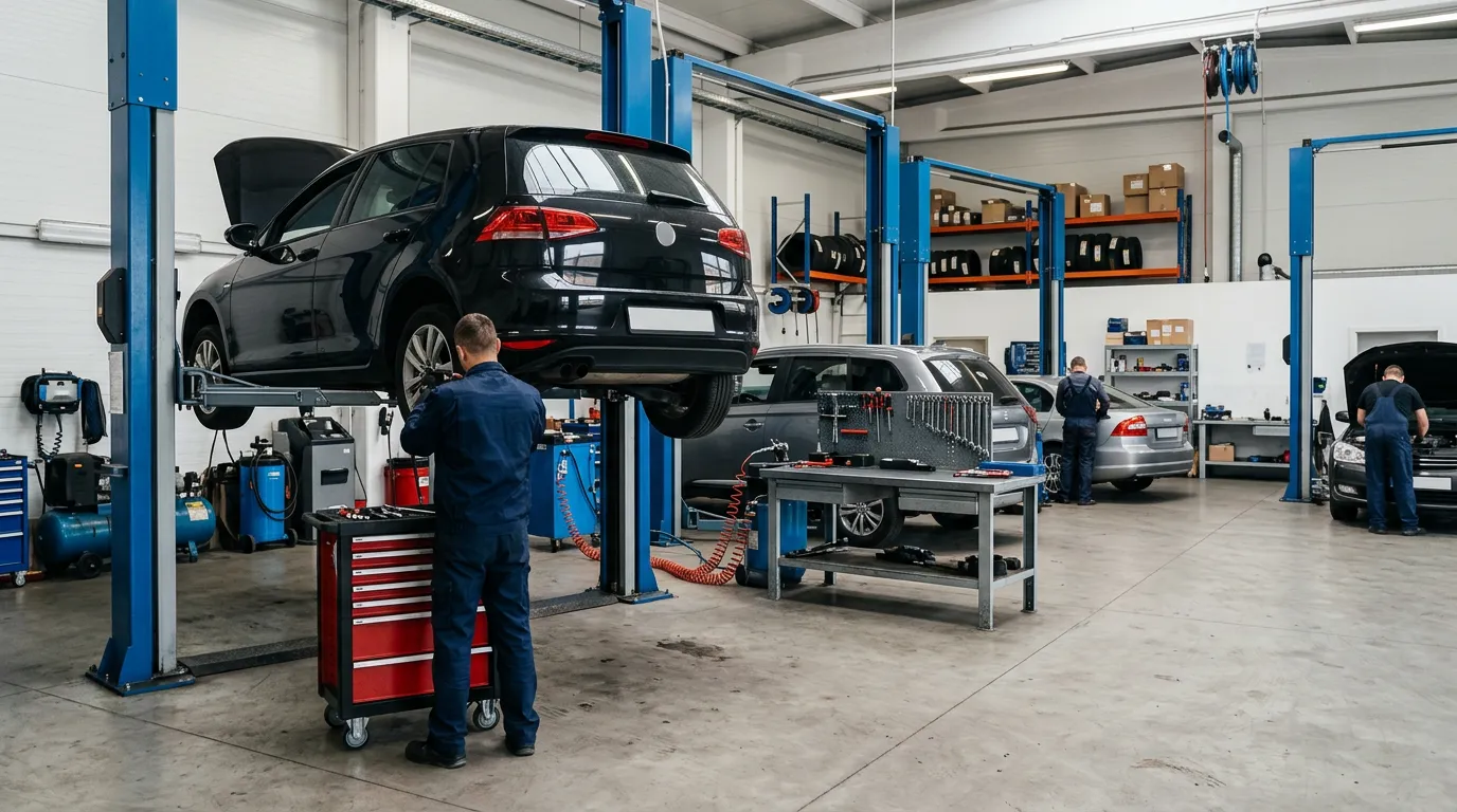 Modern car repair workshop interior with technicians working on vehicle, clean organized workspace, professional tools and equipment visible, photorealistic, professional, no people faces