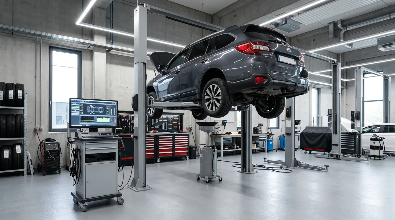 Professional mechanic workshop with diagnostic computer and car lift, clean work environment, modern equipment