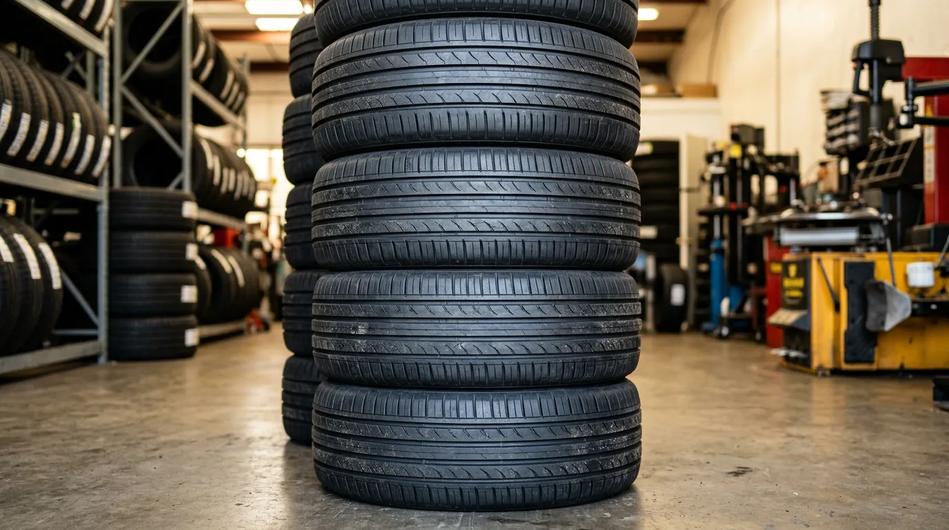 Close-up of quality new tires stacked in workshop, professional tire shop display