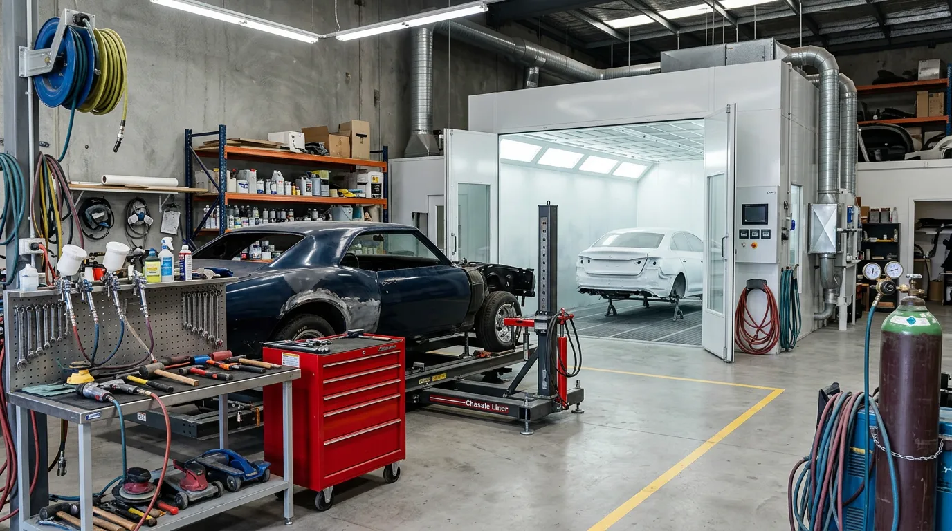 Professional paint booth and body work equipment in automotive workshop, car body repair area with tools