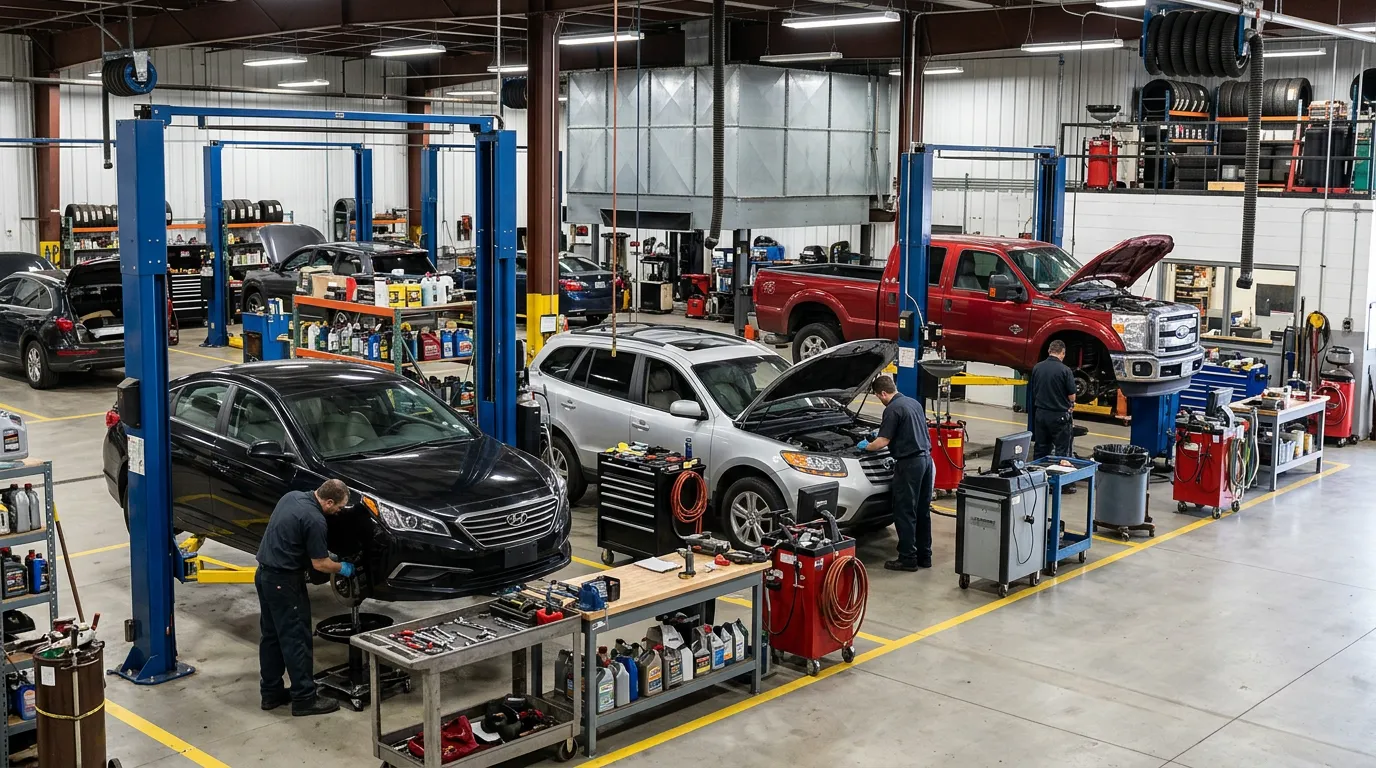 Busy automotive repair shop with multiple work stations and vehicles being serviced, organized garage environment, photorealistic, professional, no people faces